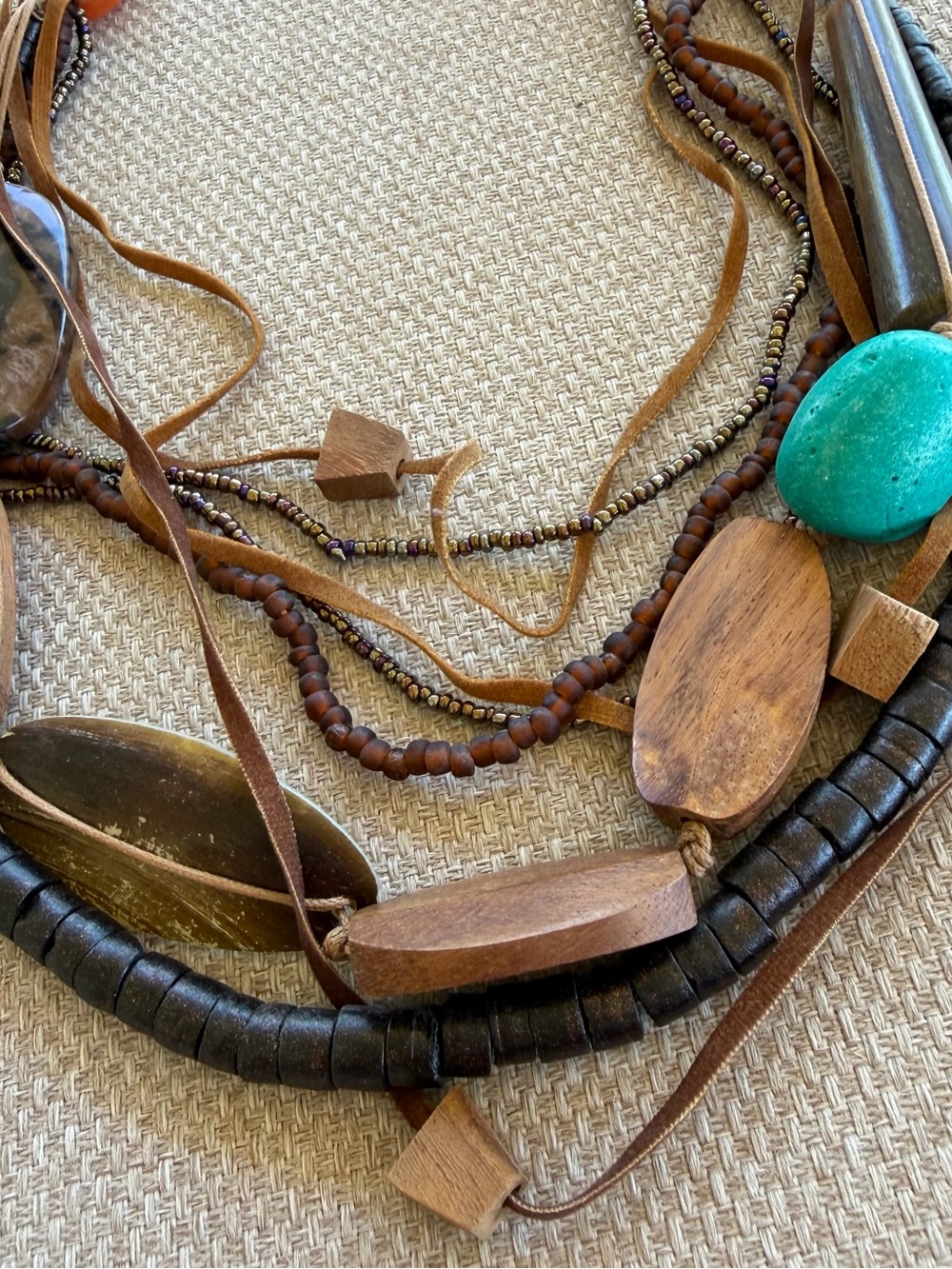 Bohemian Multi-Strand Turquoise & Brown Wood Necklace - Picture 2 of 5